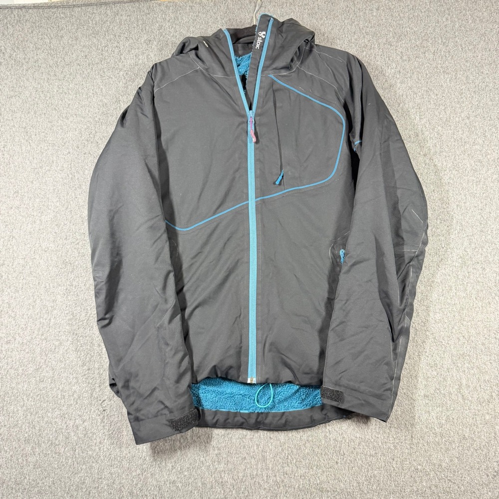 Stoic Mens Hooded Softshell Jacket Black Blue Fleece Lined Full Zip Large
